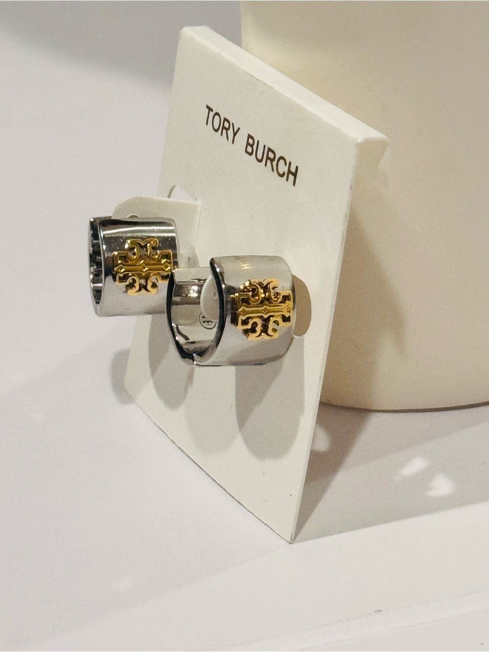 NWT Tory Burch Two Tone Gold Silver Double T Logo Wide Huggie Hoop Earrings
